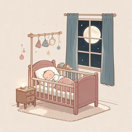 Ilustração: bebê dormindo no berço com a lua na janela